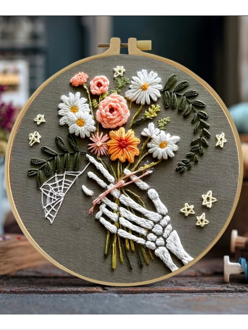 DIY Embroidery For Beginners Craft Kit Skelteton Hand Holding Flowers NWT